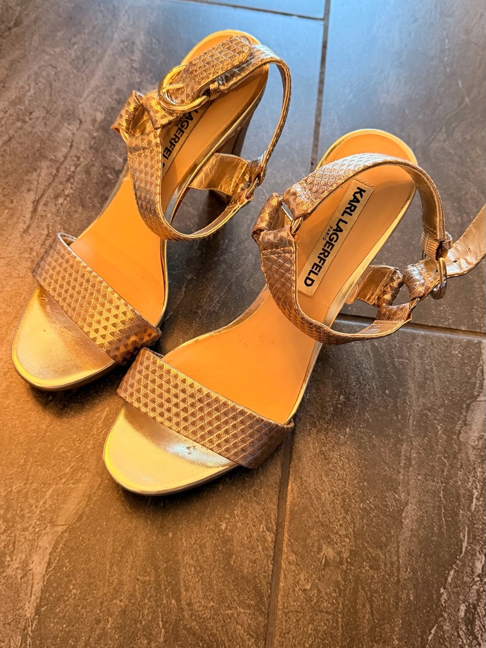 Karl Lagerfeld Metallic Gold Ankle Strap Heels